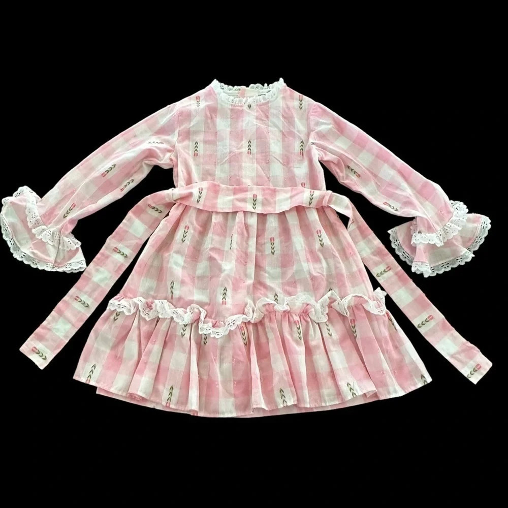Vintage Sears Girls size‎ 6X Perma Prest Pink Gingham Ruffle Party Dress Floral